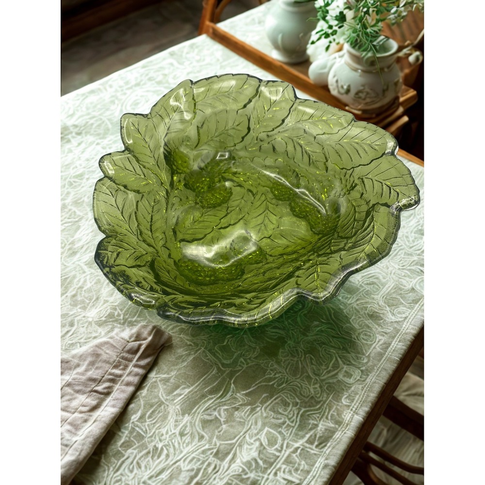 Vintage Indiana Green Glass Loganberry Berries Leaves Green‎ Bowl Candy Dish